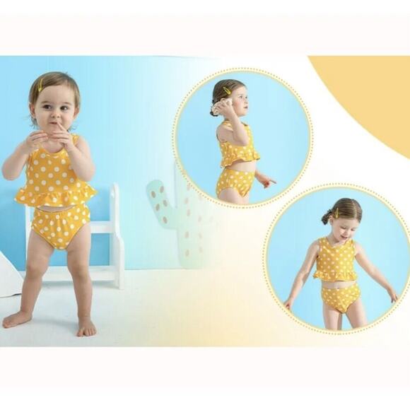 New YOUNGER TREE Yellow White Polka Dot 2 Piece Bikini Swimsuit Baby Toddler - Picture 2 of 8
